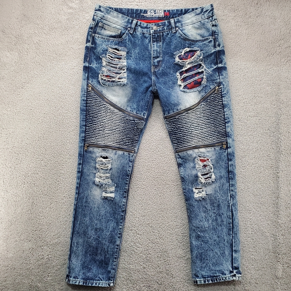 GS-115 Moto Jeans Mens Size 36x32 Distressed Patch Zippers